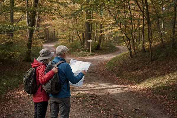 A man and woman in their late 50s checking a phone at a trail junction, relaxed body language, dappled light through trees