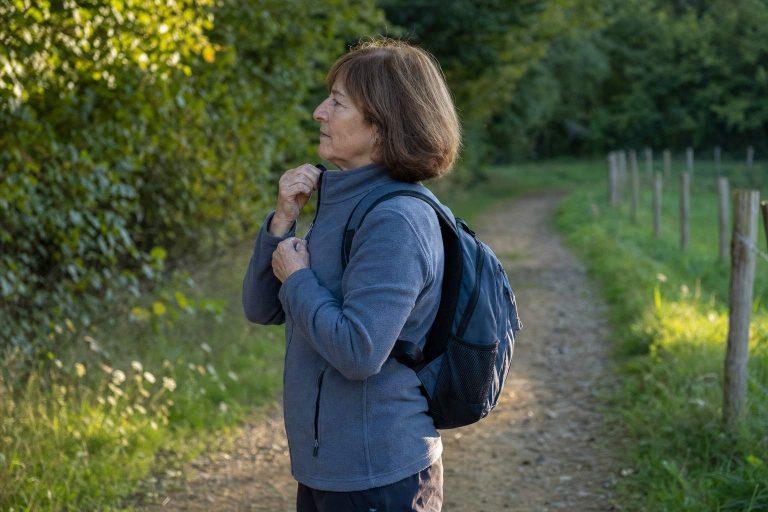 A hiker zips up a plain fleece jacket on a cool morning trail