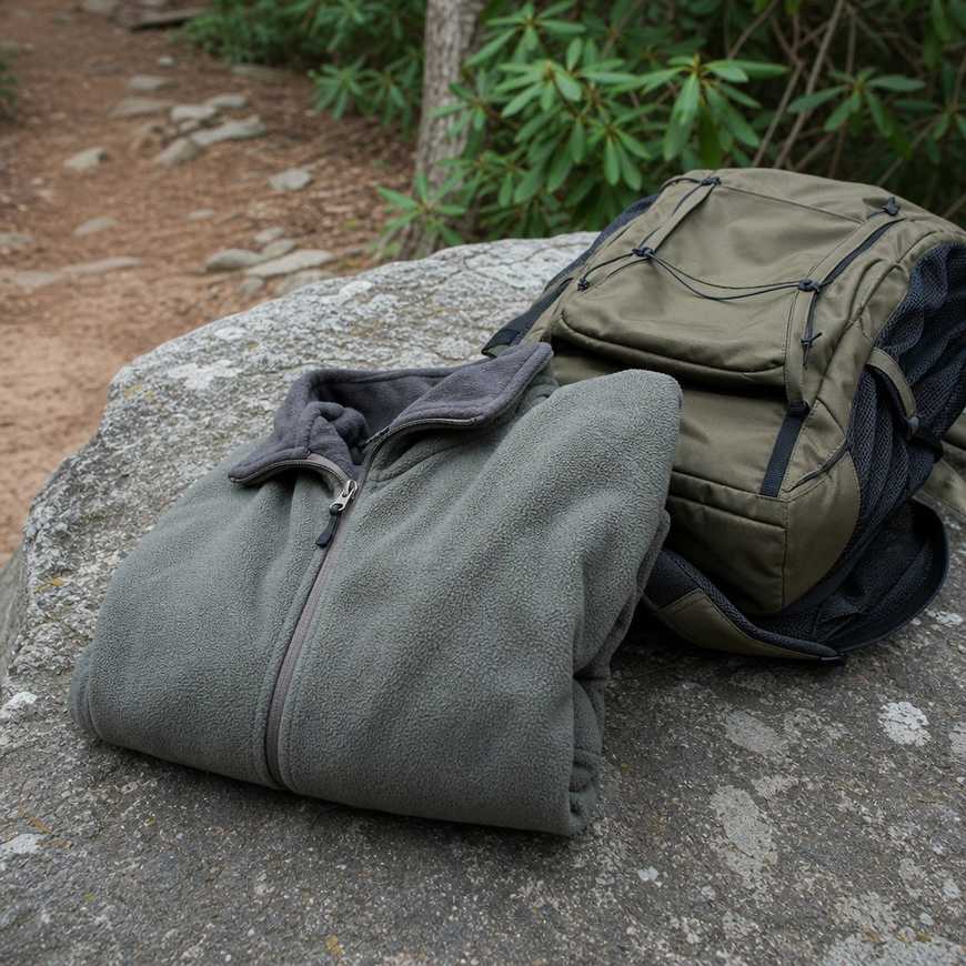 A folded fleece jacket resting on a rock beside a small daypack