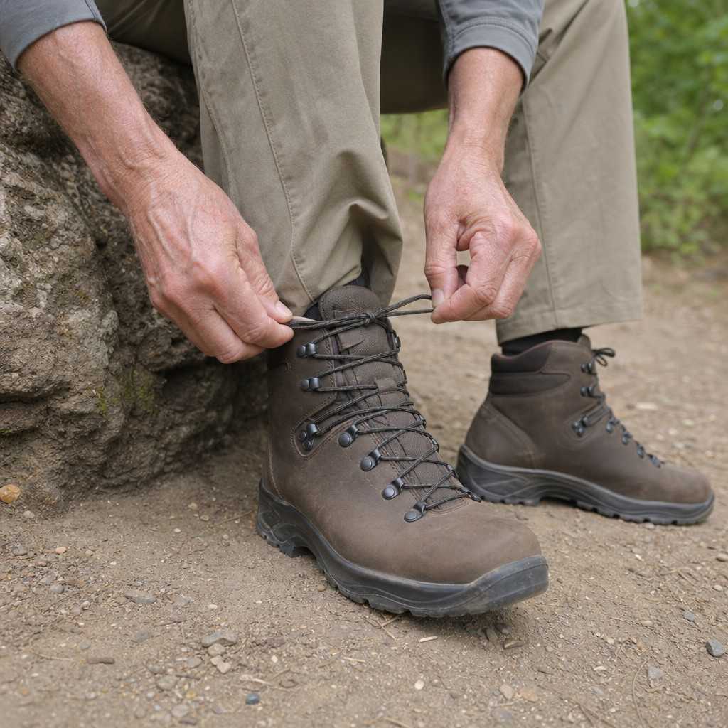 An older hiker's hands lacing up a hiking boot at the trailhead