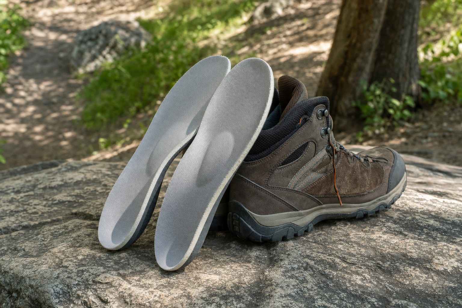 A pair of supportive hiking insoles propped against a boot on a trail rock