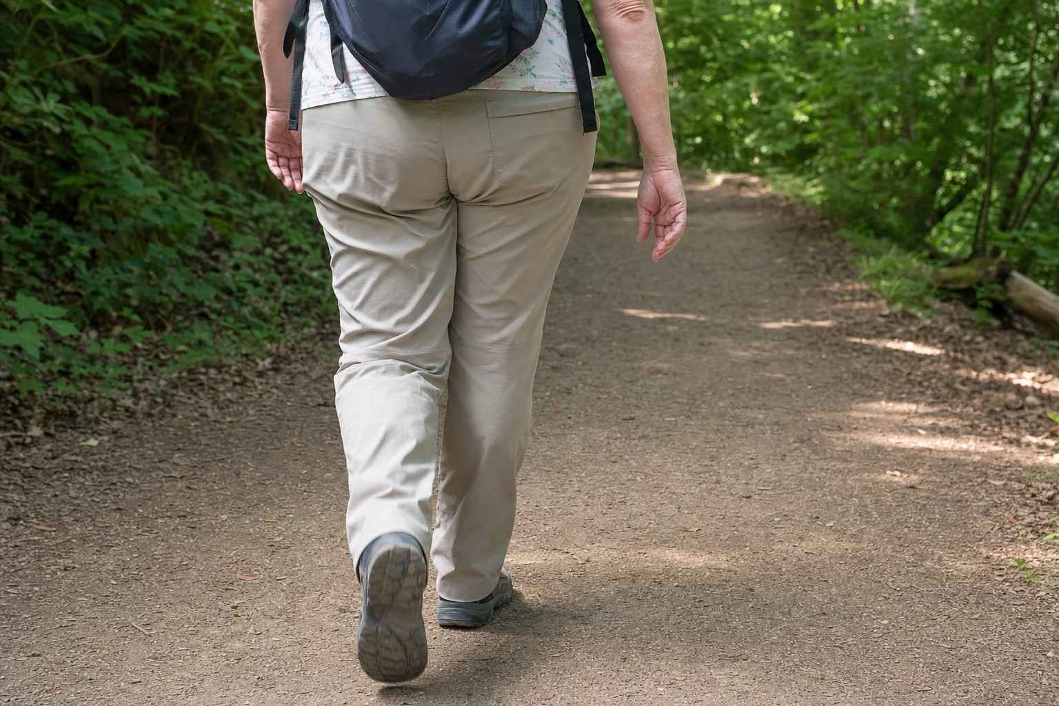 A close view from behind of a hiker's relaxed-fit trail pants on the trail