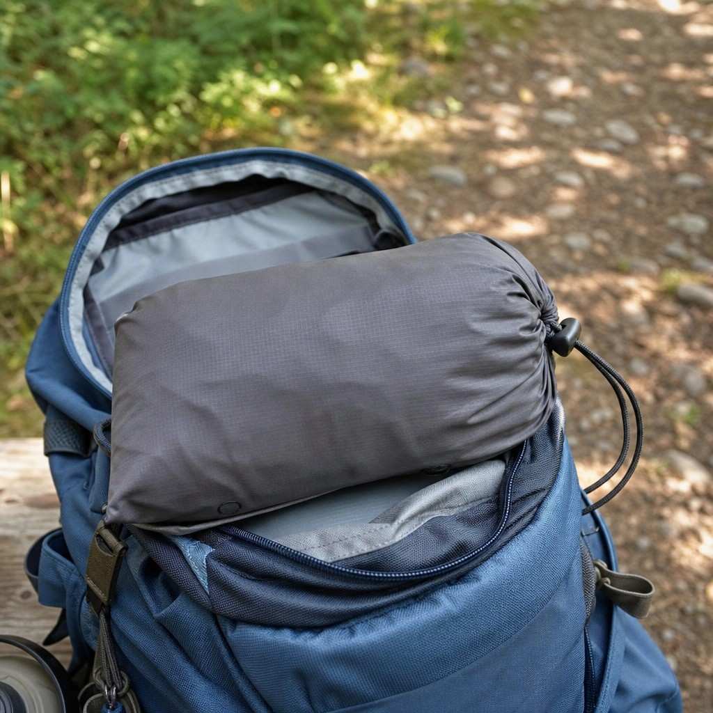 A packable rain jacket compressed into its own pocket, tucked into the top of a daypack