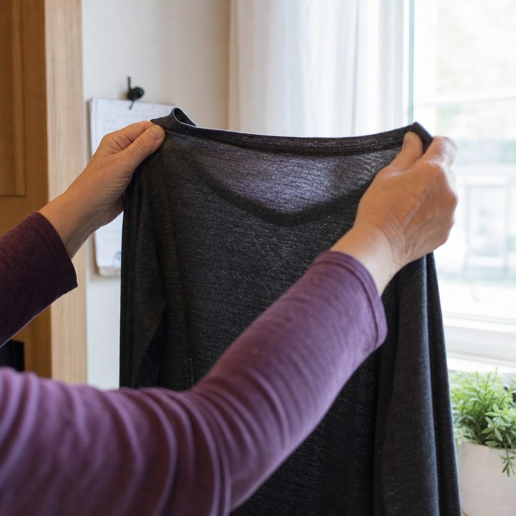An older adult holding a shirt up to daylight to check how tightly the fabric is woven