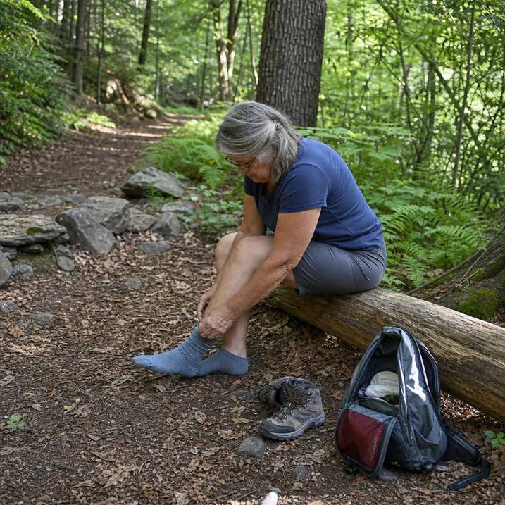 A hiker sits on a fallen log adjusting her sock at the edge of a shaded trail