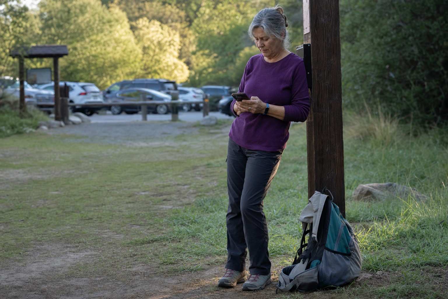 A hiker sends a text at the trailhead before starting out, daypack ready at her feet