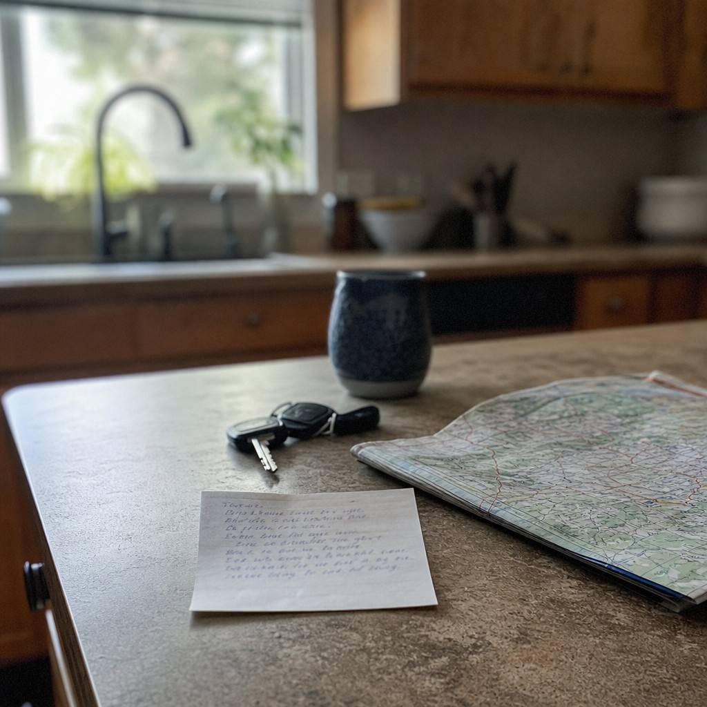 A handwritten note with a folded map and car keys left on a kitchen counter