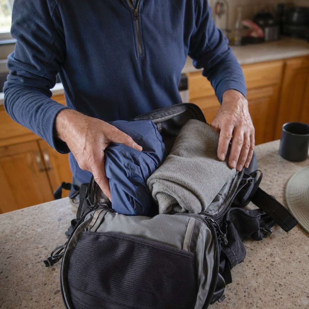 A folded rain shell and warm mid-layer being packed into a small hiking daypack