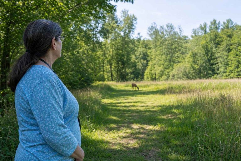 A hiker stands still on a meadow trail watching a deer grazing far down the path