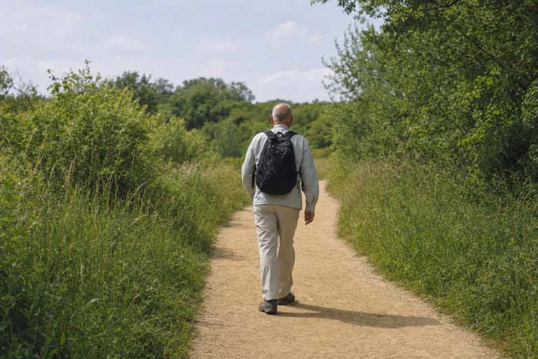 A hiker walks the clear center of a trail bordered by tall grass and low brush