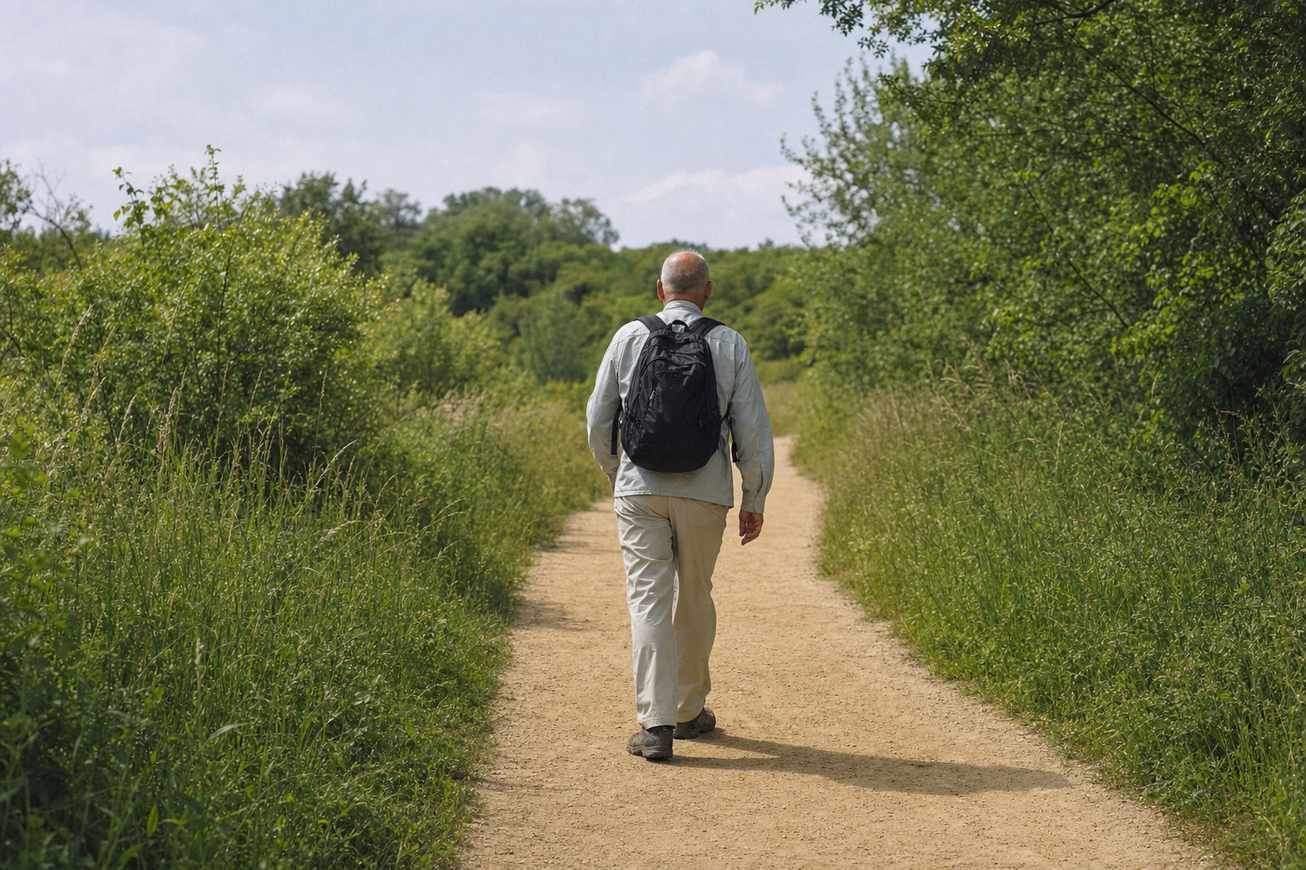 A hiker walks the clear center of a trail bordered by tall grass and low brush