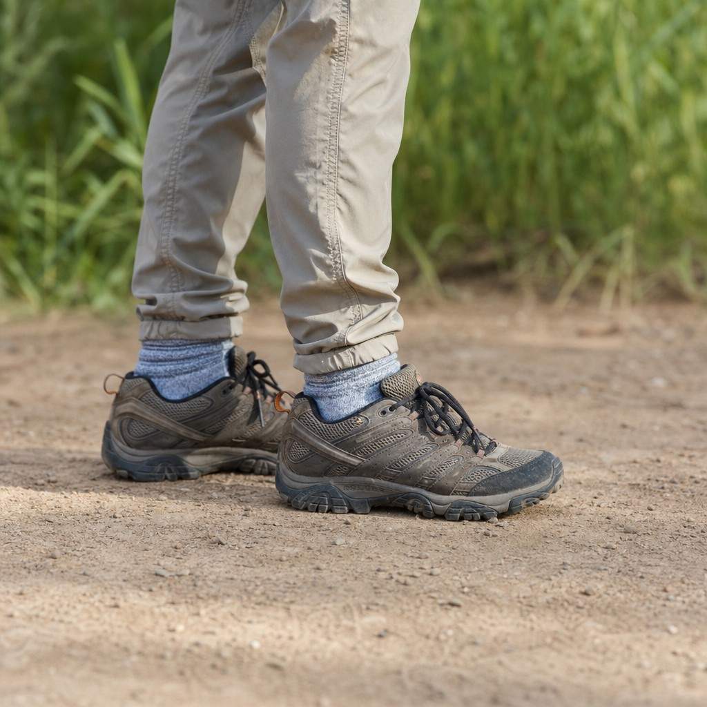 Light-colored hiking pants tucked into socks above trail shoes, seen beside the trail
