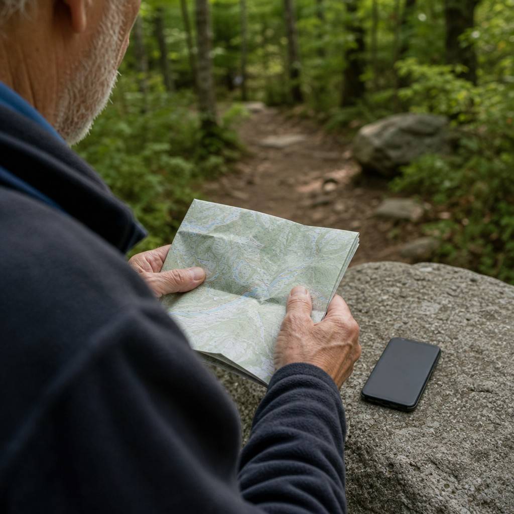 An older hiker's hands holding a folded paper trail map with a phone resting face-down beside it