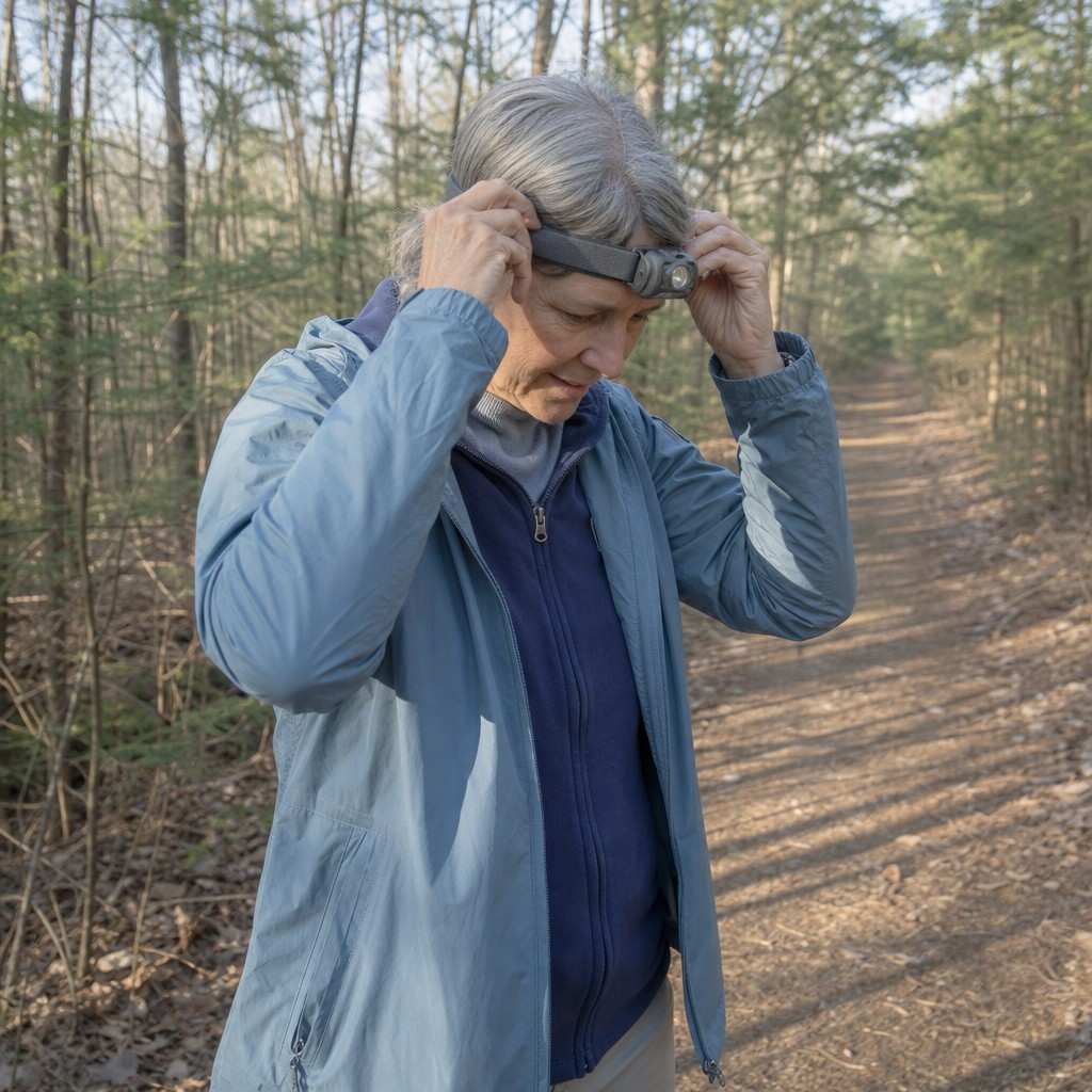 An older hiker adjusting a headlamp strap on an easy forest trail