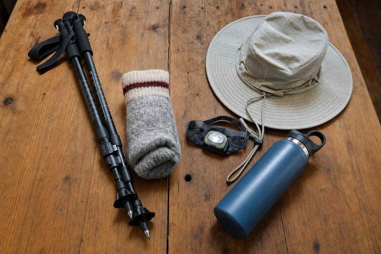 An assortment of beginner hiking gifts arranged on a wooden table