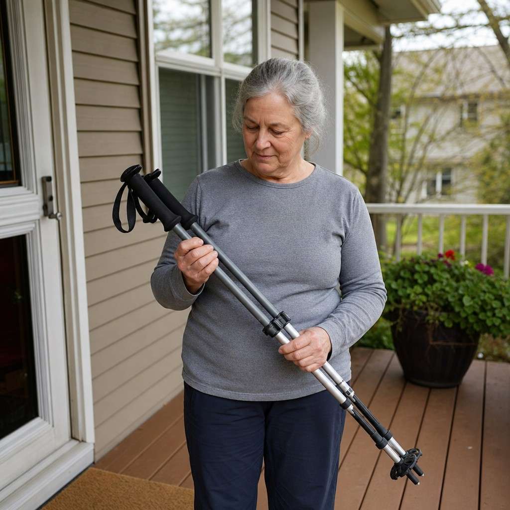 An older adult holding a pair of trekking poles received as a gift