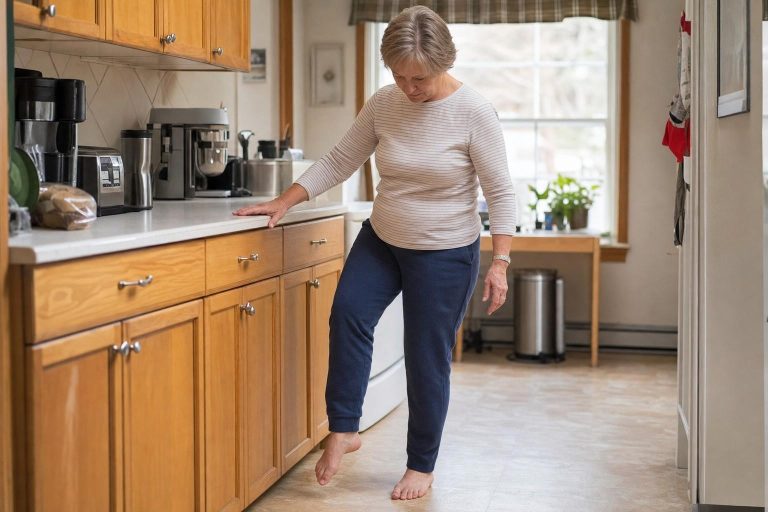 An older woman practising a single leg stand while holding a kitchen counter