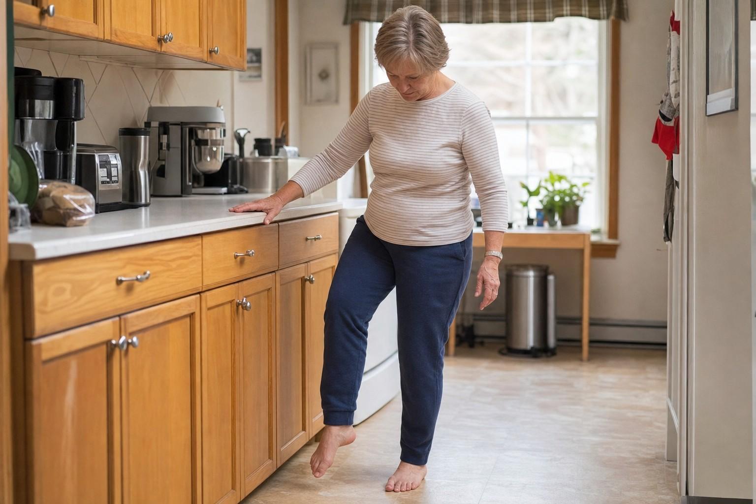 An older woman practising a single leg stand while holding a kitchen counter