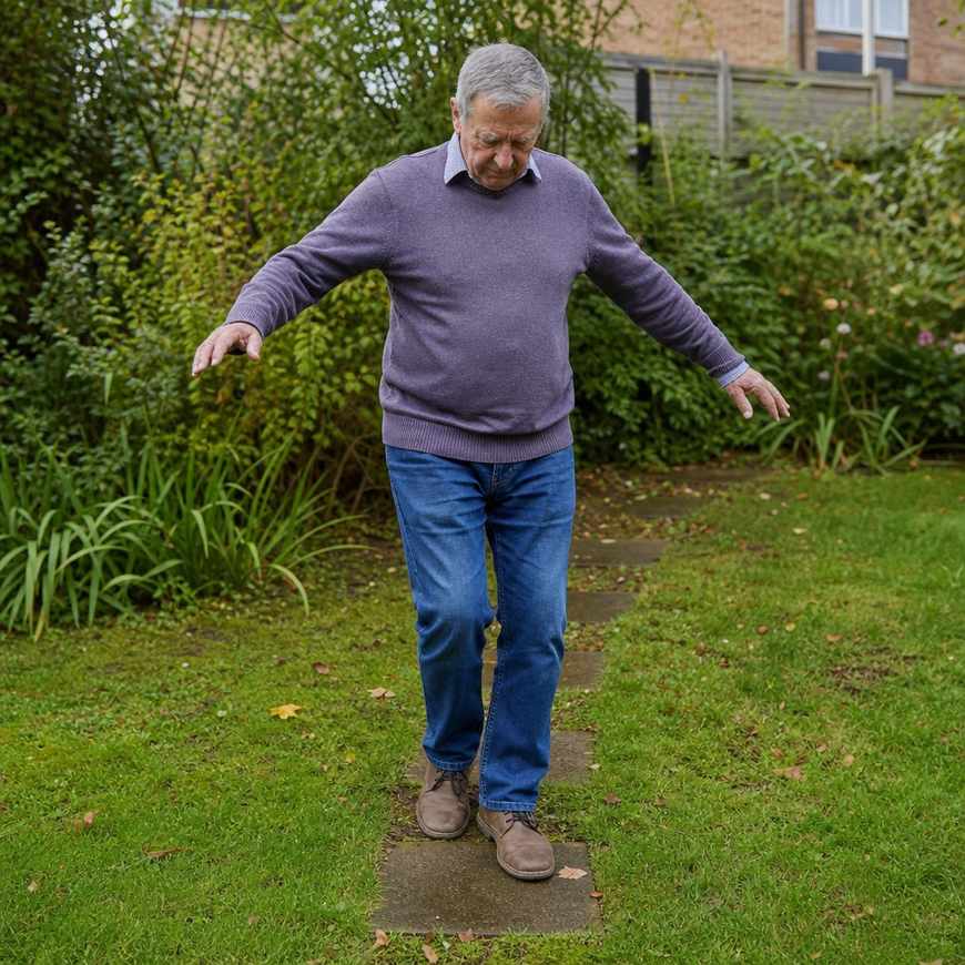 An older man walking heel to toe along a line on a garden path
