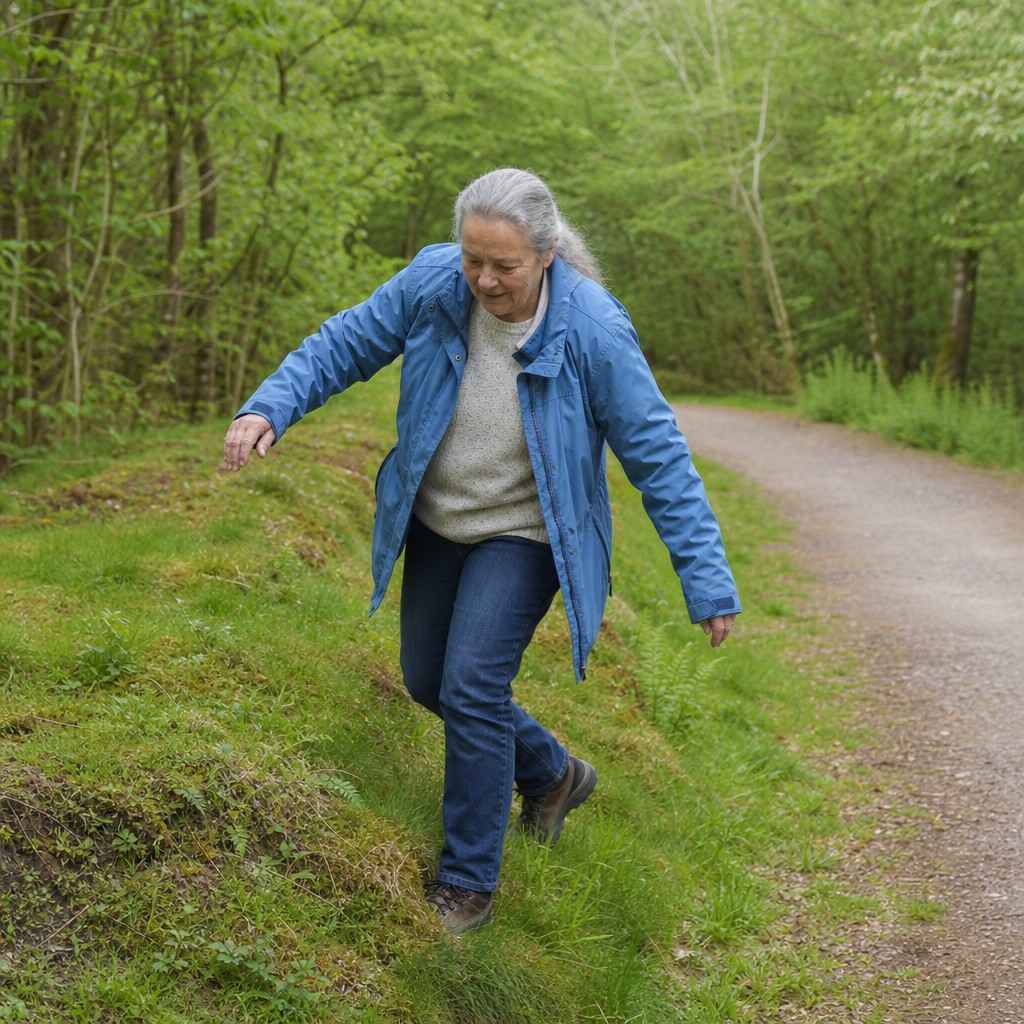 An older hiker crossing an uneven grassy verge beside an easy trail