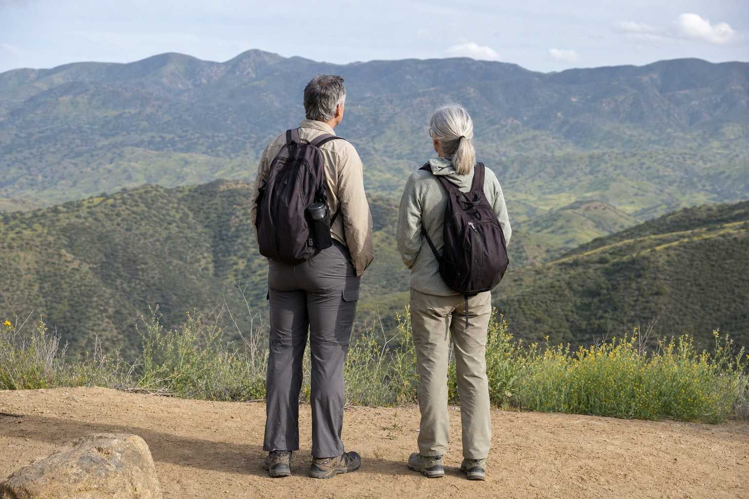 An older couple wearing small daypacks pausing at an easy trail overlook