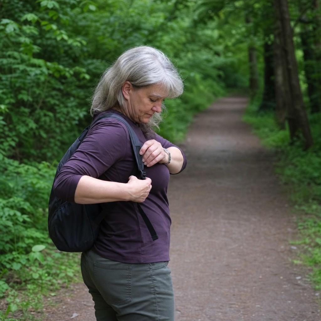 A woman over 50 adjusting the shoulder strap of a small daypack on a forest trail