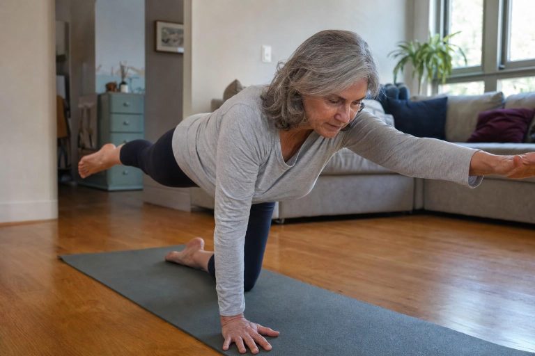 An older woman holding a bird dog position on an exercise mat in her living room