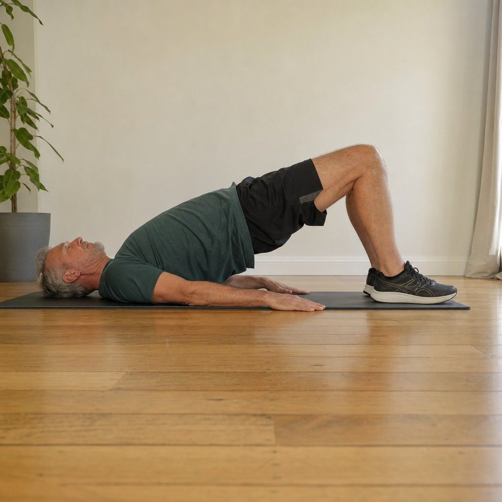 An older man holding a glute bridge with hips lifted on a mat at home