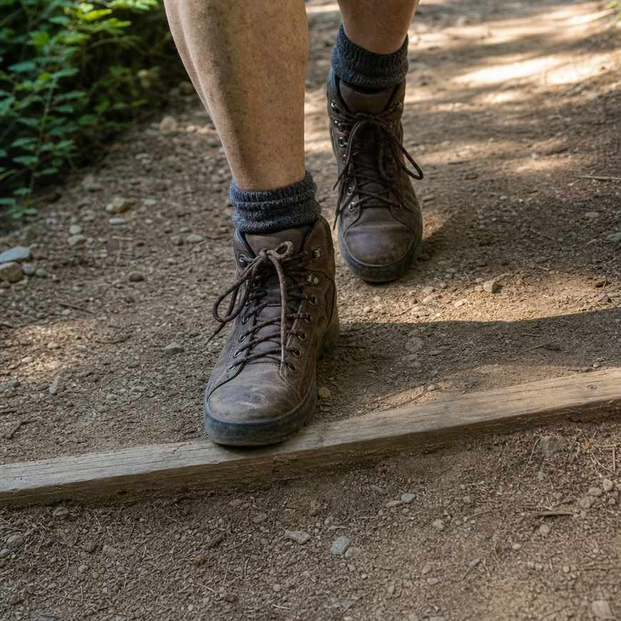 Hiking boots taking a short step down onto a packed dirt trail