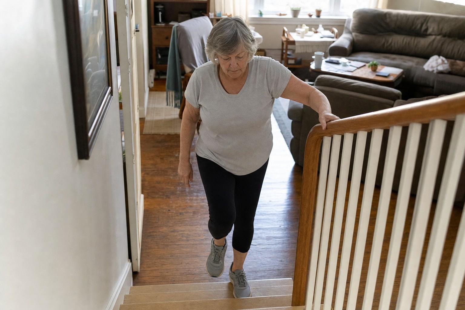 A woman in her sixties doing a step-up onto a low stair at home