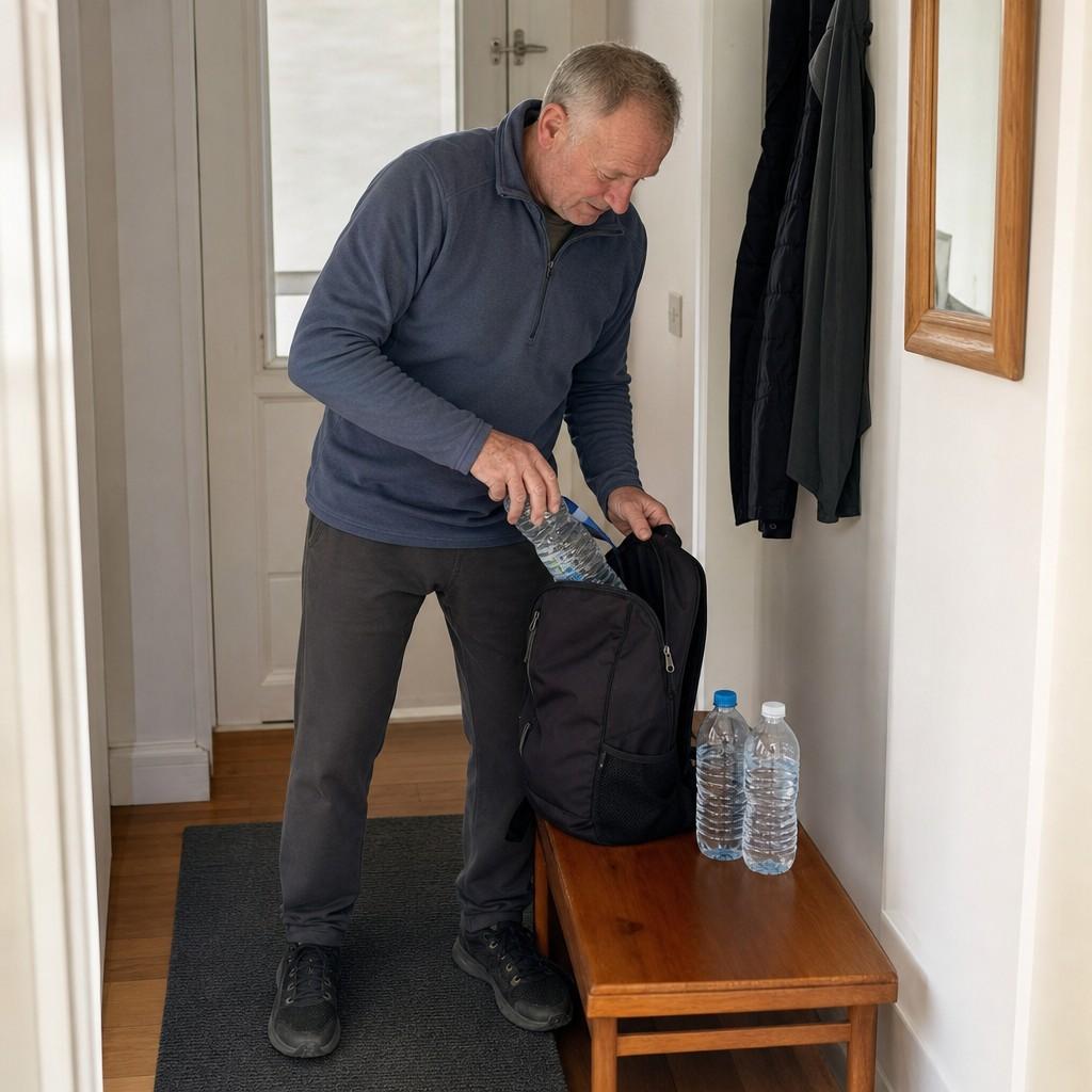 An older man loading a backpack with water bottles for a weighted practice walk