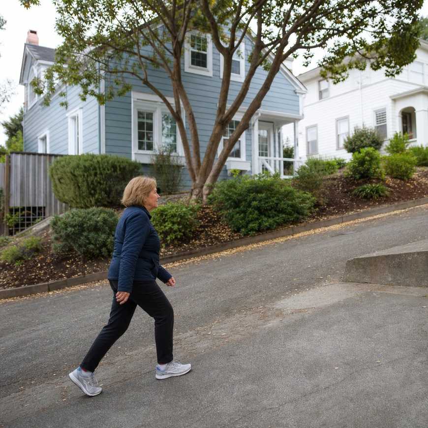 An older woman walking up a residential hill as training between hikes