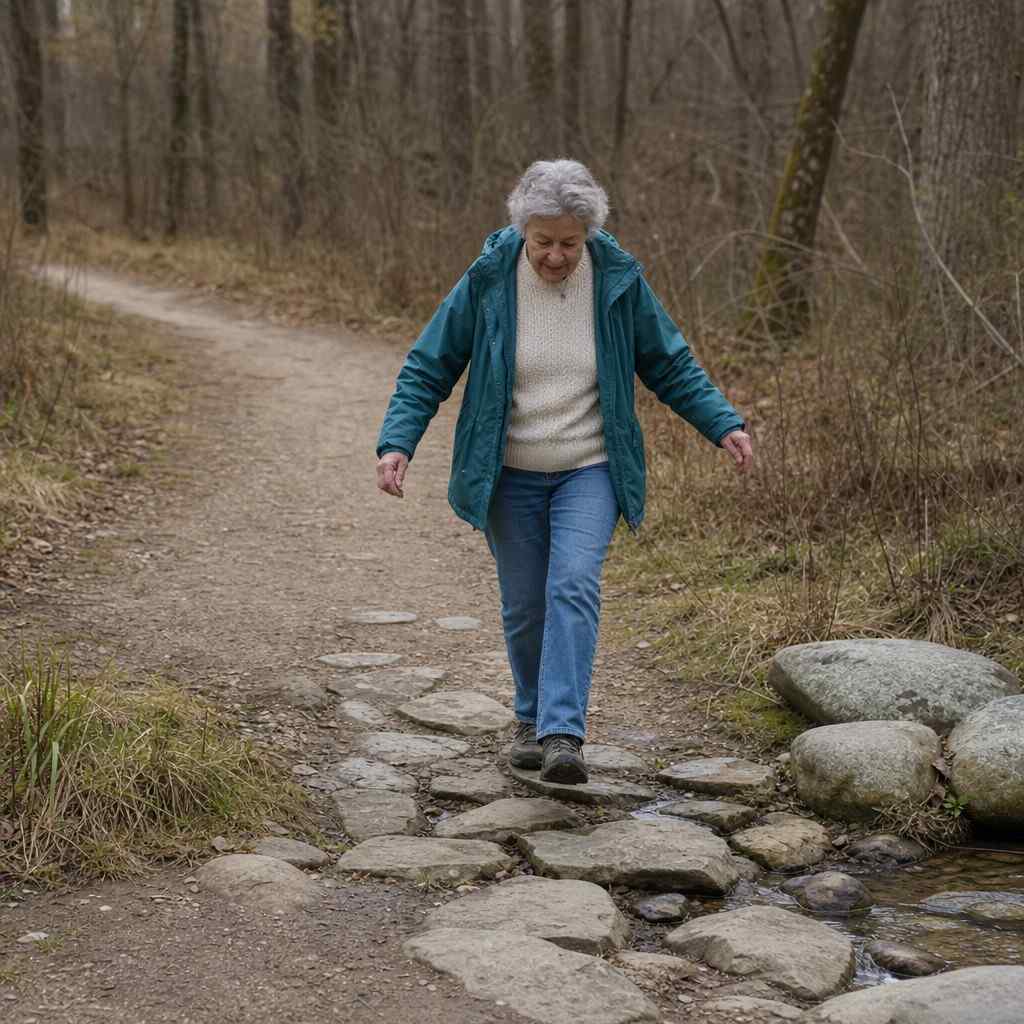 An older hiker choosing a line across a shallow rocky patch on a gentle trail