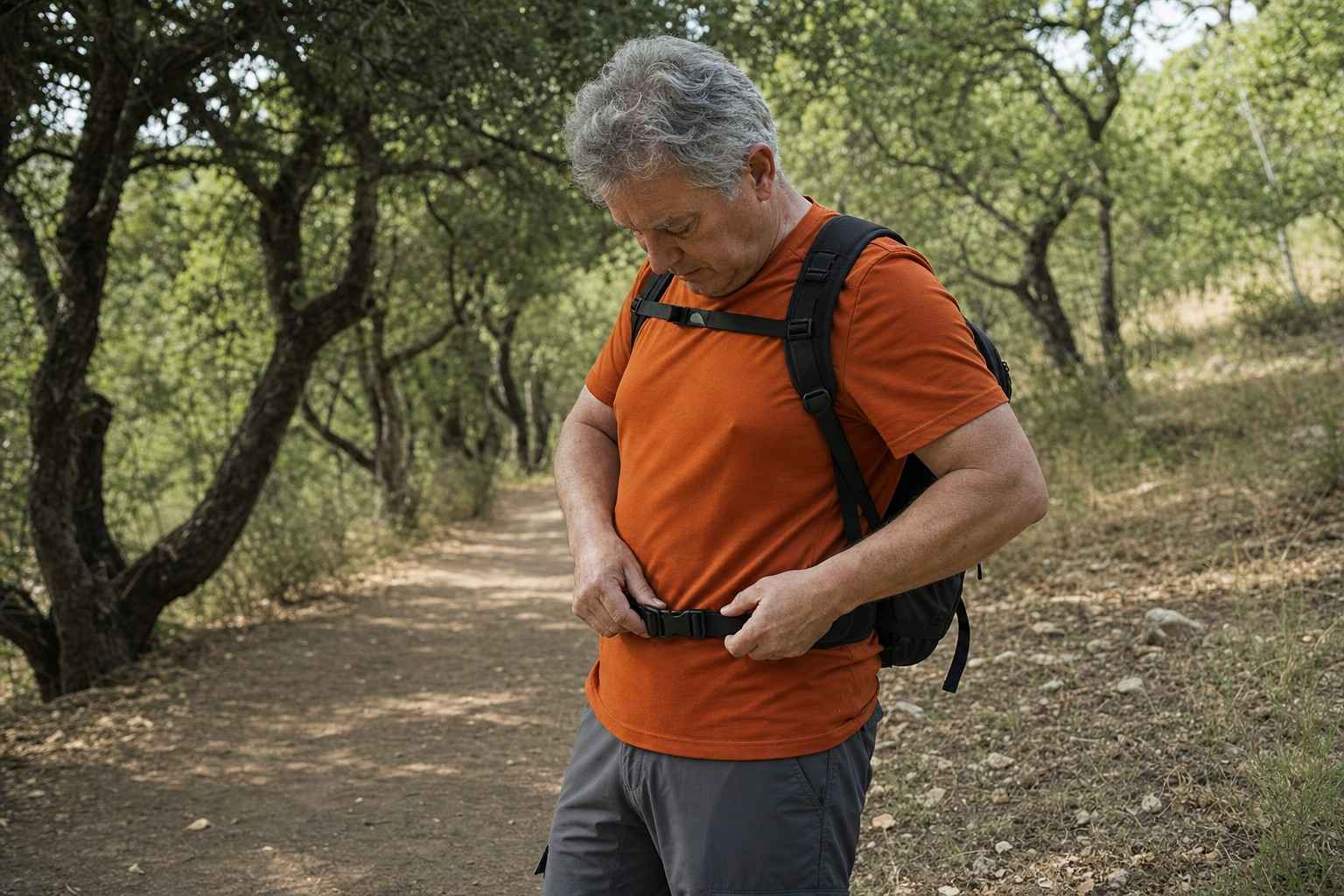 An older hiker adjusting the hip belt of his daypack on an easy oak woodland trail