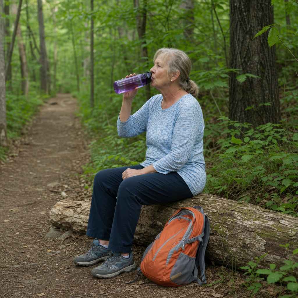 An older hiker taking a seated rest break on a fallen log beside the trail, daypack set down