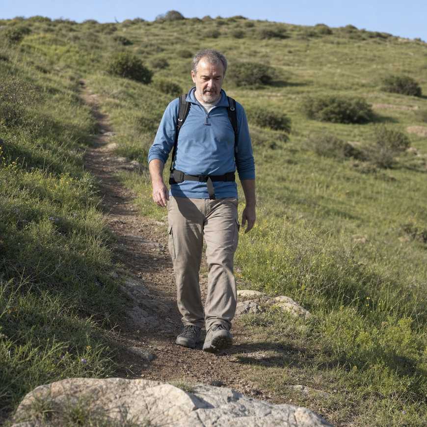A hiker descending a gentle trail with short careful steps and an upright torso
