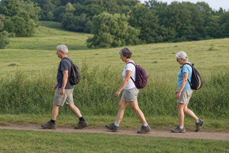 Three older hikers walking at an easy steady pace along a meadow trail