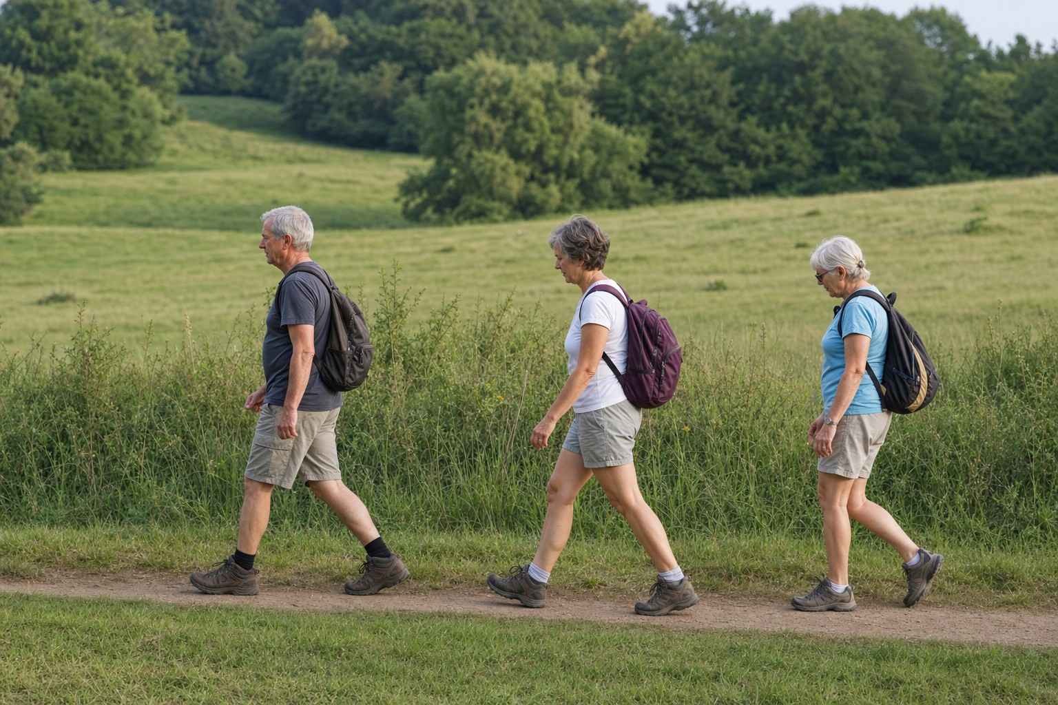 Three older hikers walking at an easy steady pace along a meadow trail