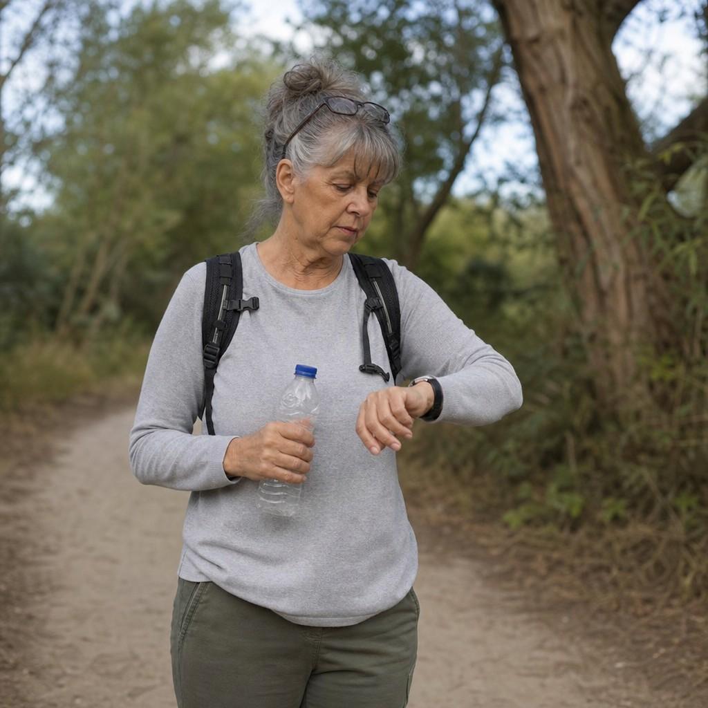 An older hiker checking the time on a simple wristwatch during a water break