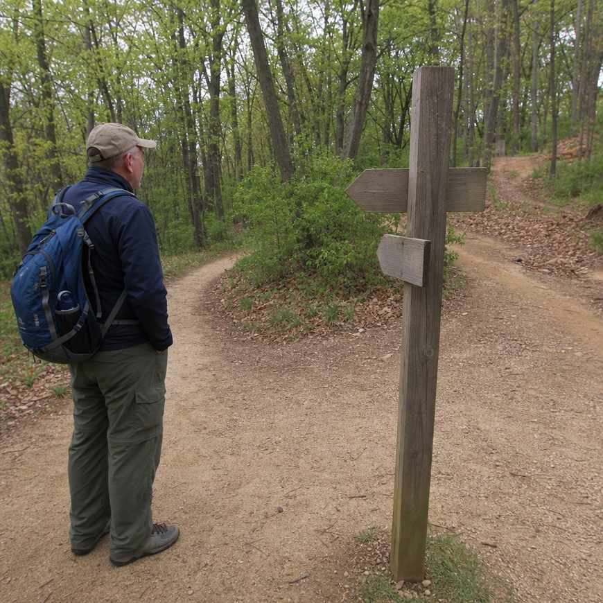 A trail junction with a wooden signpost where a hiker decides whether to continue