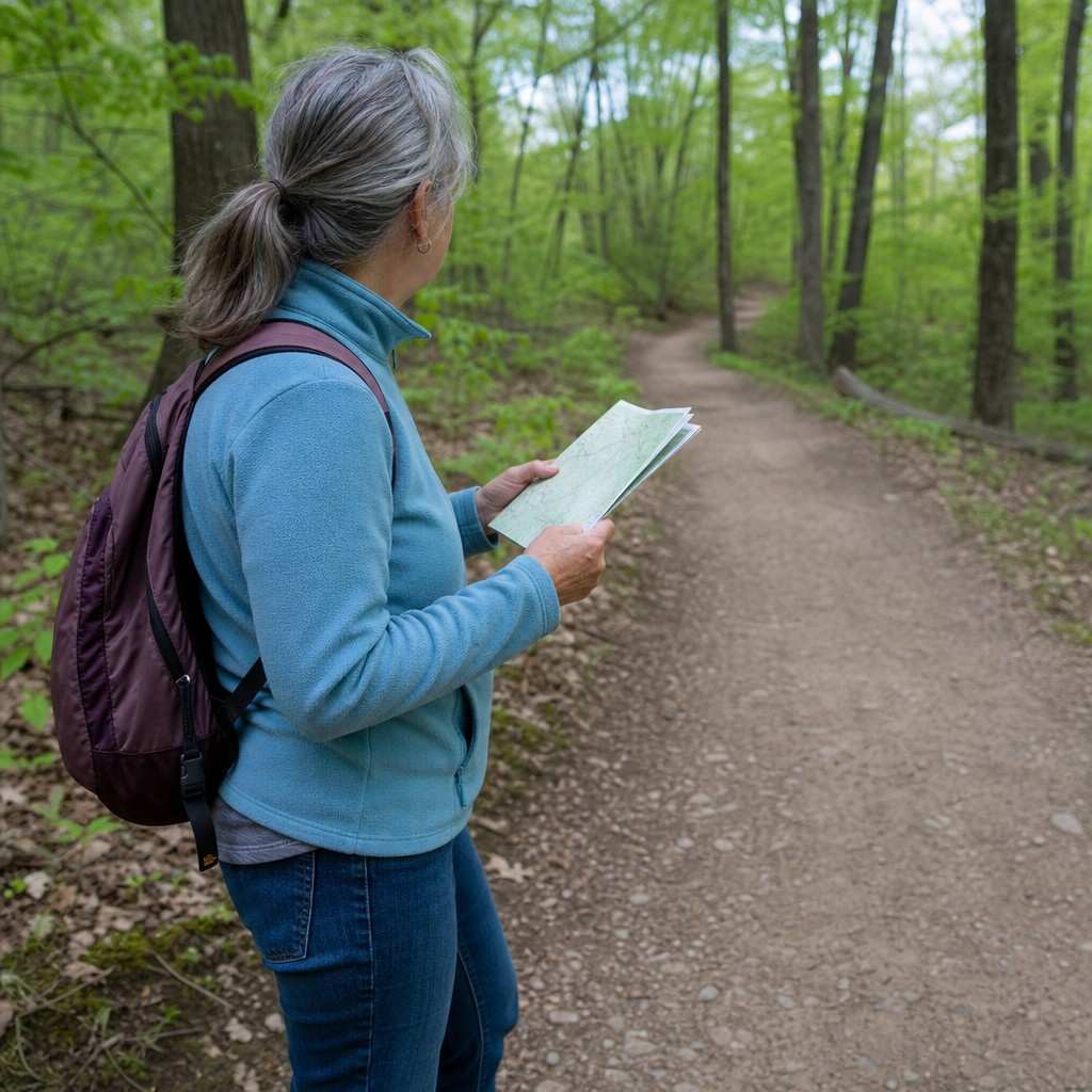 An older hiker holding a paper map half-folded while standing on a trail