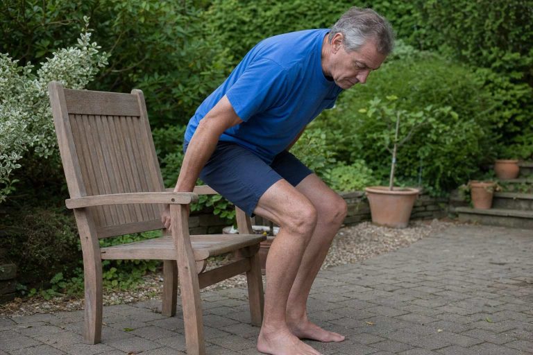 A man over 50 doing a slow sit to stand from a garden chair
