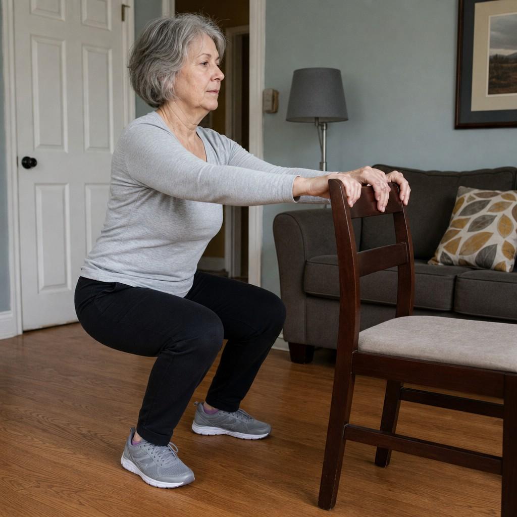 An older woman doing a supported squat holding the back of a chair