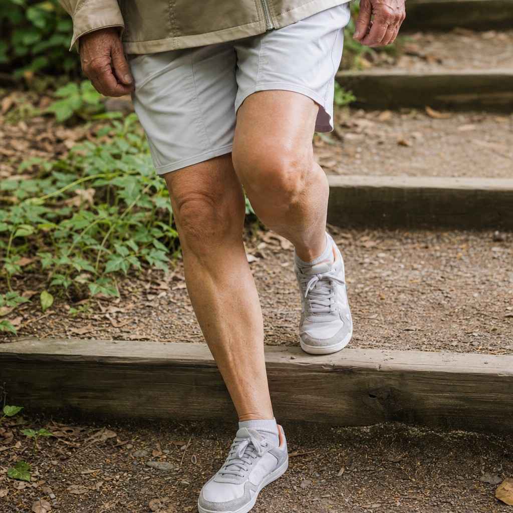 An older hiker stepping down from a low wooden trail step