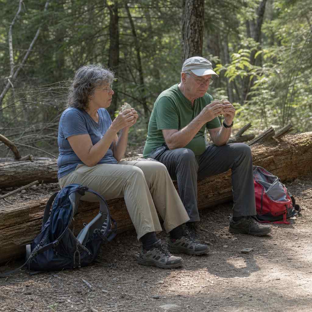 Two hikers stopping for lunch on a log partway through a long walk