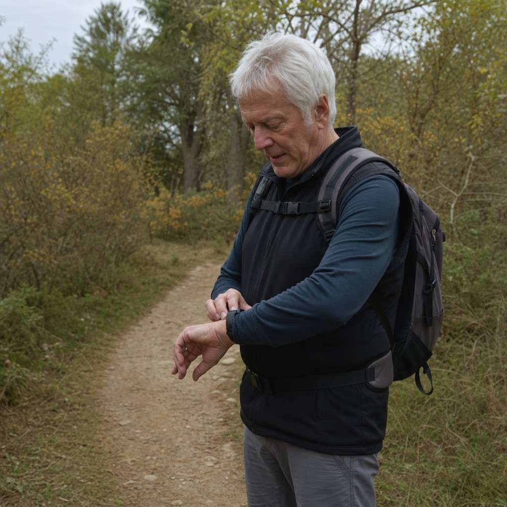 An older hiker checking a watch late in a long day on the trail