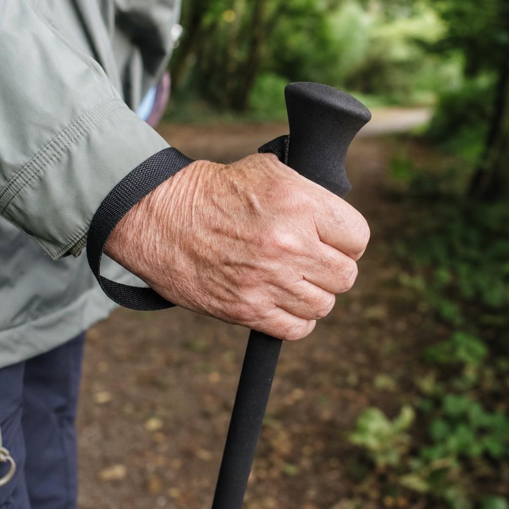 A hand gripping a trekking pole handle with the strap worn correctly