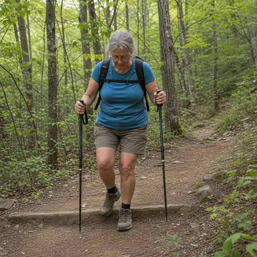 A hiker using trekking poles for support while stepping down a shallow trail step