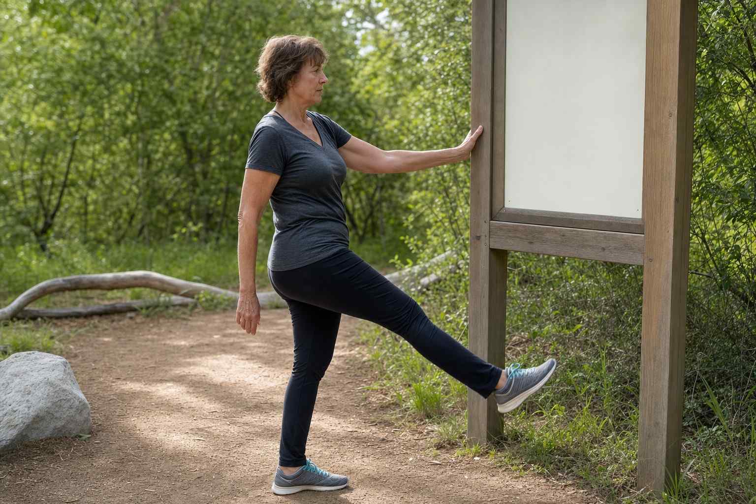 A woman over 50 doing a gentle standing leg swing next to a trailhead notice board