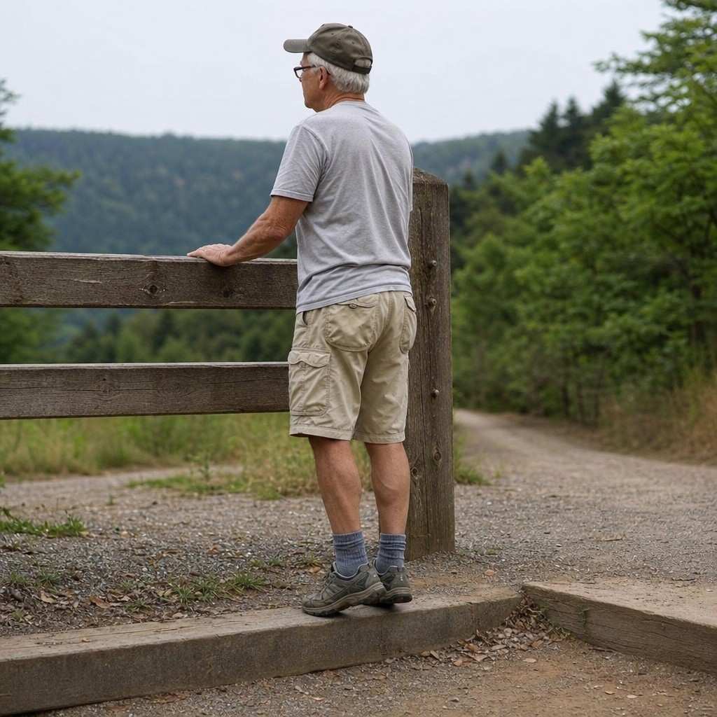 An older man doing a slow calf raise on the edge of a low wooden step at a trailhead